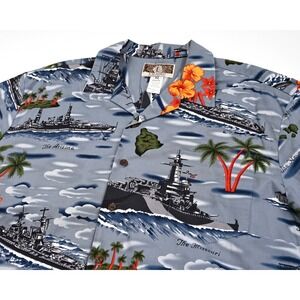 Vintage Kalaheo USA‎ WW2 Era Battleship Hawaiian Shirt Men's XL Gray Blue Boat